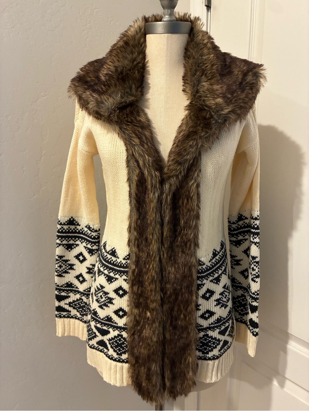 Rue21 Cream Fair Isle Cardigan with Brown Faux Fur Trim
